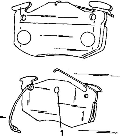 Рис. 289. Тормозная колодка с удерживающими пружинами и направляющей цапфой (1) (внизу) с поводом…