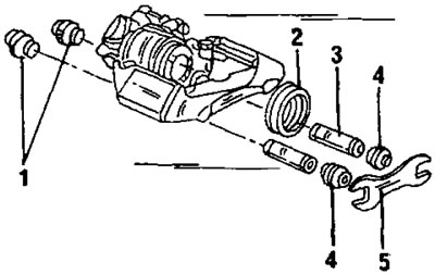 Рис. 292. Частично разобранный тормозной суппорт заднего колеса. 1. Резиновая втулка; 2.…