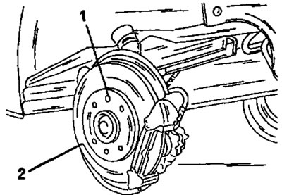 Рис. 293. Болт (1) крепит тормозной диск (2) тормоза заднего колеса на ступице колеса.