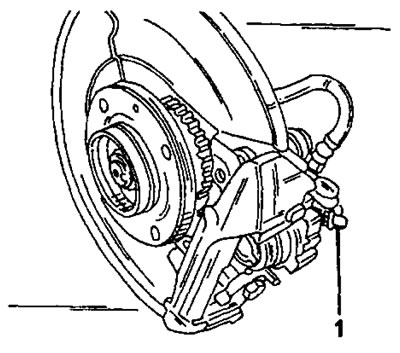 Фигура 301. Местоположение на обезвъздушителния клапан (1) на спирачния апарат на задното колело.