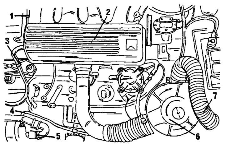 Рис. 324. Дизельный двигатель. 1. Подключение топливопровода; 2. Воздушная распределительная…
