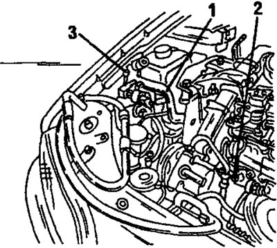 Рис. 326. Отсоединение шлангов от насоса гидроусилителя рулевого управления. Пережать шланг (1)…