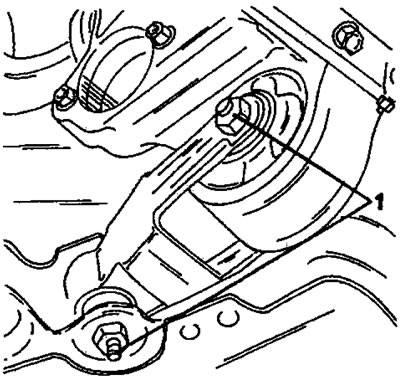 Рис. 329. Крепление моментной опоры. Отвернуть гайки (1) с обеих сторон.