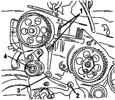Фигура 340. Свалете горната обтягаща ролка (4), след като развиете болтове 1, 2 и 3.