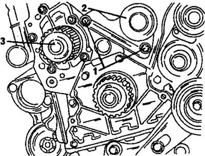 Фигура 341. Отстранете ролката за опъване на ремъка в средата, след като развиете болтовете. 1.…