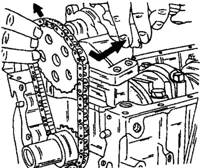 Фигура 343. Когато сваляте маслената помпа, издърпайте зъбното колело на маслената помпа нагоре.…