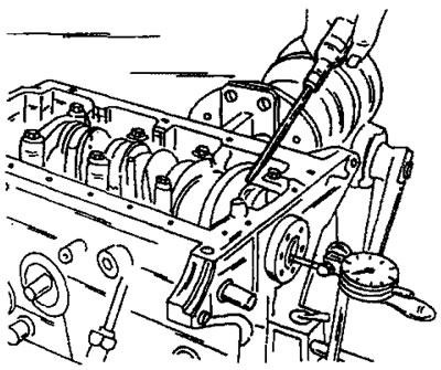 Фигура 348. Измерване на аксиалния луфт на коляновия вал.
