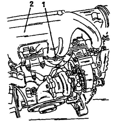 Рис. 364. Ослабить болт (1) и снять впускной коллектор 92) турбодизельного двигателя. Снять также…