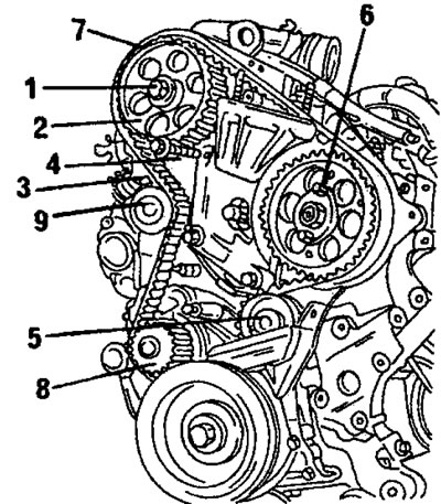 Рис. 377. Установка зубчатого ремня. 1. Болт, 45 нм; 2. Зубчатый шкив распределительного вала; 3.…