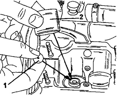 Фигура 383. Отстраняване на тласкача (2) и регулиращата шайба (1).