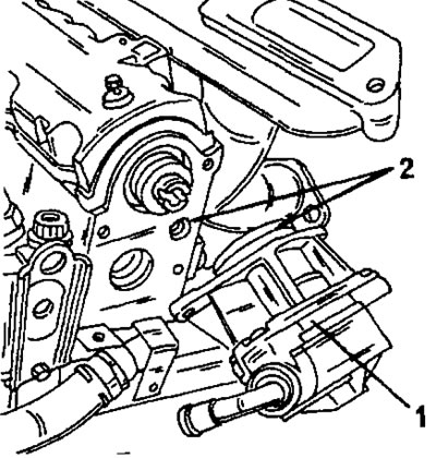 Фигура 386. Когато монтирате вакуумната помпа (1), не забравяйте да смените уплътненията (2).