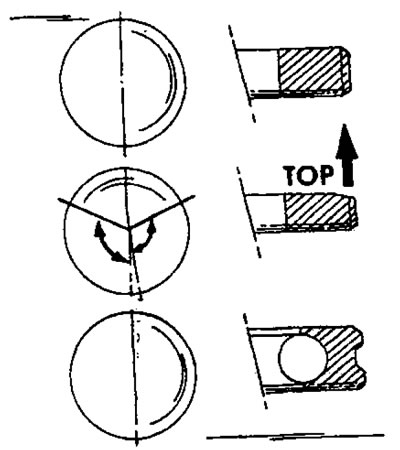 Рис. 387. Расположение поршневых колец. Обращать внимание на установку второго кольца.