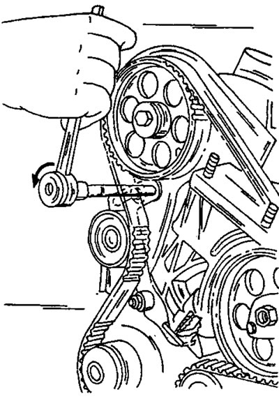 Фигура 393. Разхлабване на обтегача на ангренажния ремък. Квадратният удължител се вкарва в…
