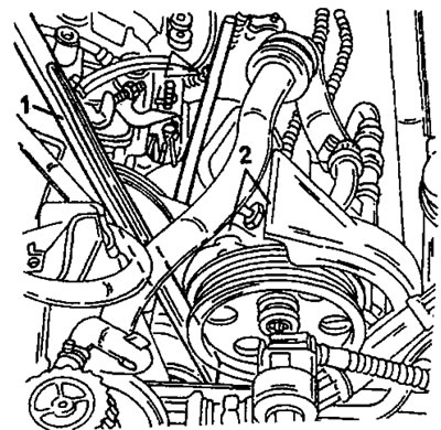 Рис. 400. Отведение натяжного ролика. Вставить отвертку (1), как показано на рисунке, и нажать в…