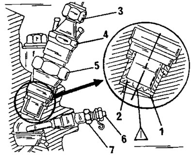 Рис. 420. Установленная форсунка. 1. Медная шайба; 2. Искрогасительная шайба; 3. Накидная гайка; 4.…