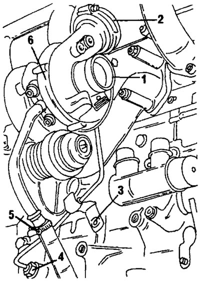 Рис. 430. Установленный турбонагнетатель.1. Штуцер шланга; 2. Шланг воздухозаборника; 3. Скоба…