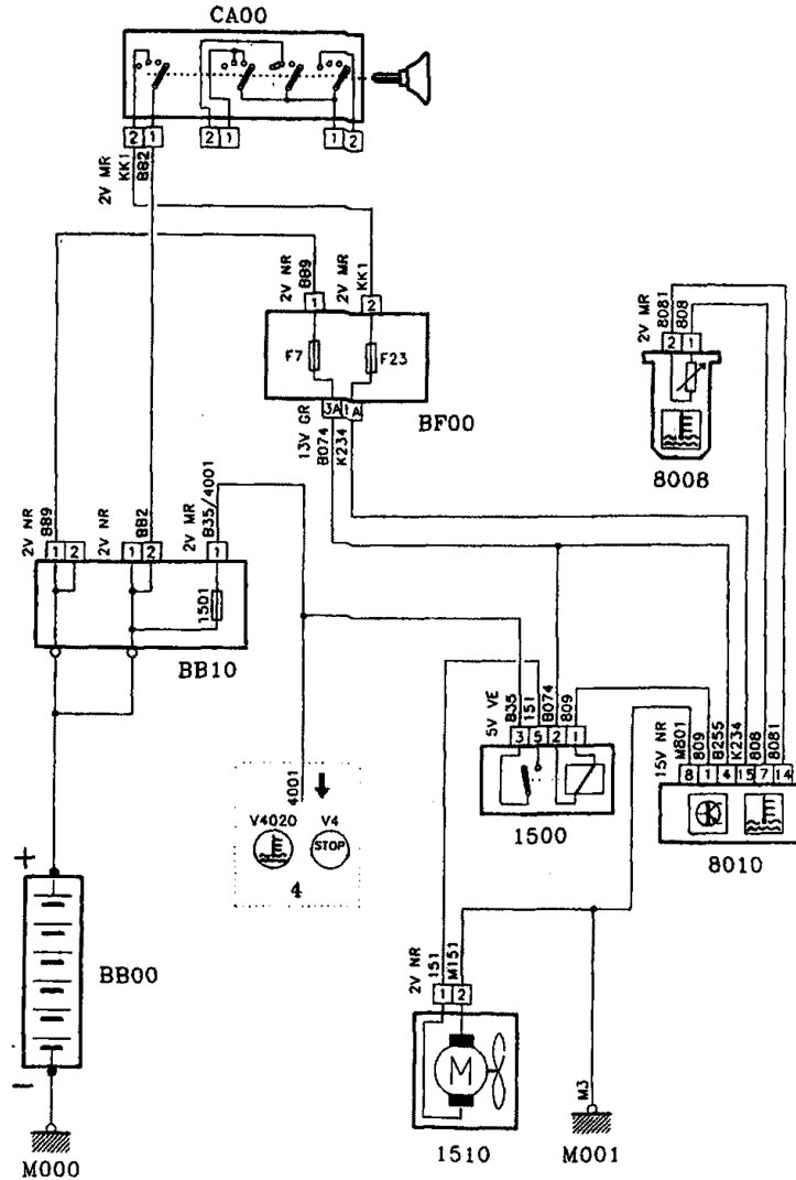 Электрическая схема системы охлаждения, 1 вентилятор, одна скорость вращения (регулируется из…
