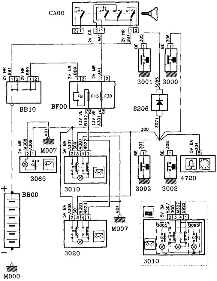 Электрическая схема освещения салона / потолочные плафоны (передние и задние)
