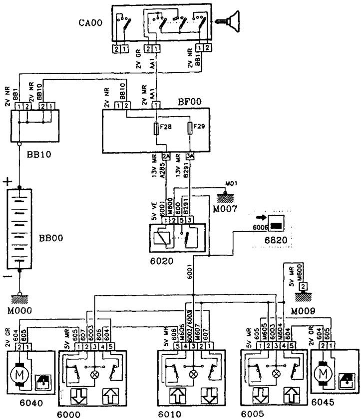 Электрическая схема электрического стеклоподъемника, переднего