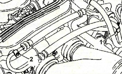16.8 Снимите хомуты 1 и 2 крепления шлангов циркуляции гидравлической жидкости и отсоедините шланги