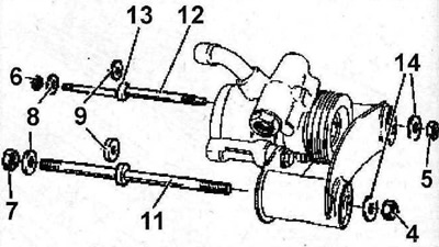 16.20 Установите штифты 11 и 12 на их посадочные места и закрепите насос